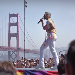 Photographie réaliste générée par Midjourney à partir de la commande “Freddie Mercury joue à la Gay Pride de San Fransisco en 2023”